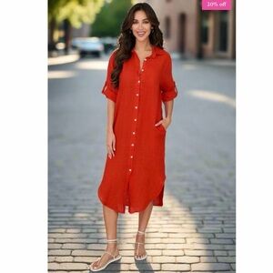 Milio Milano Red Flame Linen Button Down Midi Shirt Dress, Small